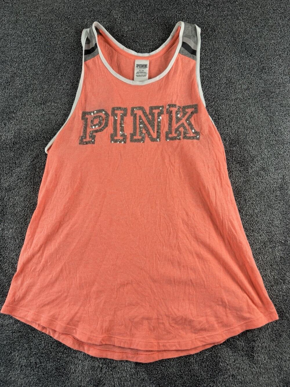 PINK Victoria’s Secret Women’s Medium Coral Logo Tank Top Sequin- Read